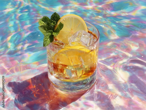 Refreshing Drink With Lemon Slices Near a Pool on a Sunny Day