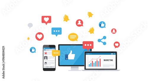 A smartphone, monitor, and laptop display social media interfaces surrounded by floating interaction icons on a white background.