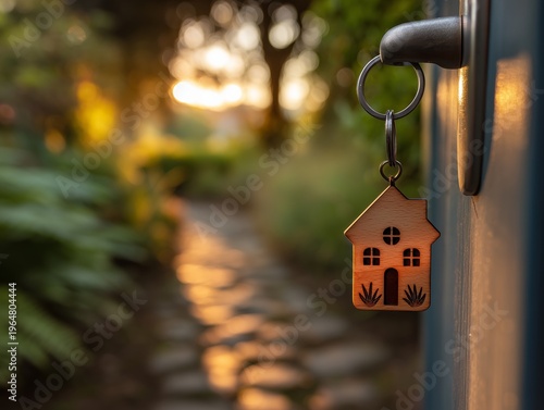 Keys Hanging on a Door With a Garden Path During Sunset Near a House in the B...