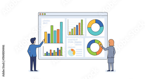 A man and a woman point at a large browser window displaying a comprehensive dashboard with multiple charts.