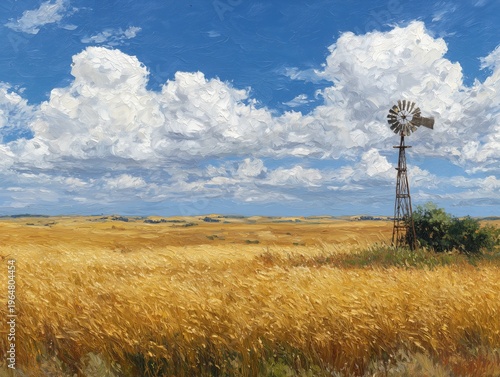 Windmill Stands Tall in a Golden Wheat Field Under Blue Sky and Fluffy Clouds