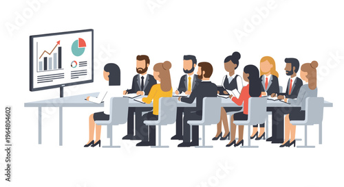 Ten diverse business professionals are seated at a rectangular table, attentively viewing a screen displaying charts on a white background.