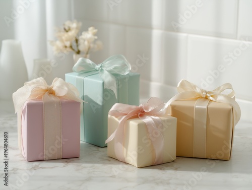 Gift Boxes in Different Colors Sit on a Marble Surface Waiting for a Special ...