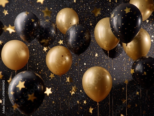 Balloons and Stars Fill a Festive Space for a Celebration Event in the Evening