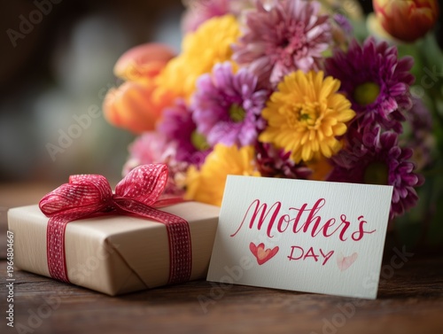 Gift and Flowers on a Wooden Table During a Sunny Day in a Cozy Space