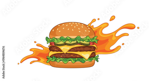 A double cheeseburger with lettuce, tomato, pickles, and an orange liquid splash is prominently displayed on a clean white background.