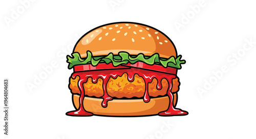 A cartoon chicken nugget burger with a sesame bun, tomato, and dripping red sauce is presented on a clean white background.