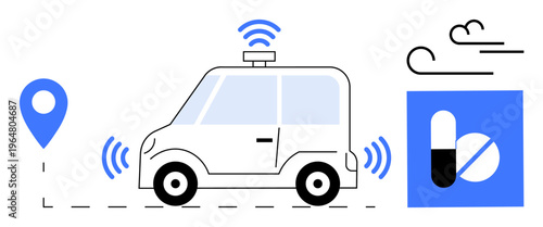 Autonomous delivery, contactless services, smart logistics, healthcare access, last-mile delivery, technology in medicine. Self-driving car emitting wireless signals near a location marker