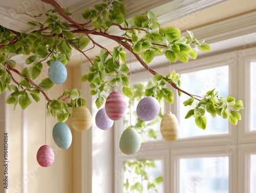Colorful Eggs Hanging on a Branch in a Bright Room During Spring Time