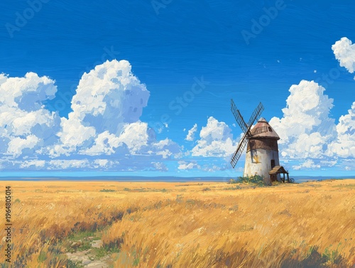 Windmill Stands in Golden Field Under Bright Blue Sky With White Clouds