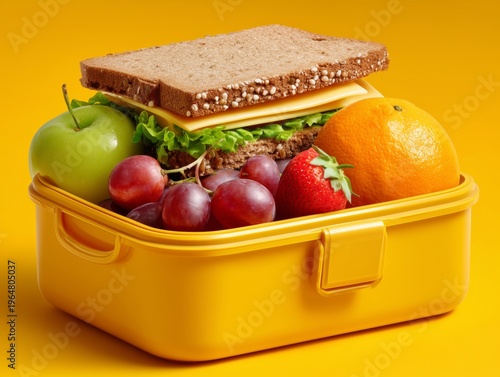 Lunch Box With Sandwich, Fruits, and Colorful Background at Midday