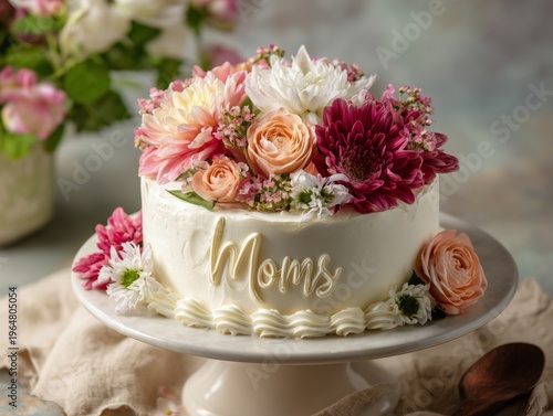 Cake With Flowers on Display for Celebration of Mothers Day in Floral Arrange...