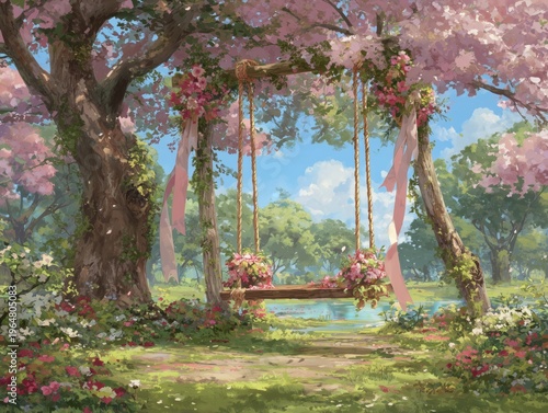 Swing Hanging From Trees in a Garden With Flowers and Pink Blossoms During Sp...