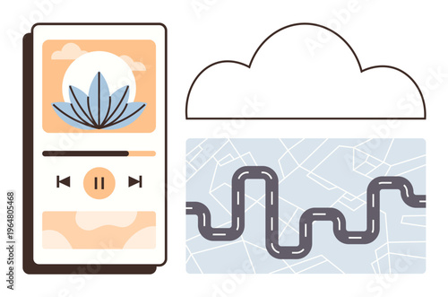 Music streaming, travel navigation, data storage, cloud technology, relaxation, creative design. Smartphone music app with lotus icon and map with route under a cloud. Music streaming and travel