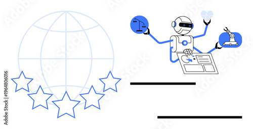 Artificial intelligence, robotics, global connectivity, business optimization, quality assurance, innovation. A robot handling tools and a globe with stars. AI and robotics in global technology