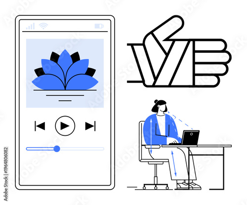 Audio streaming. Audio elements include a mobile app with a meditation design and a multimedia streaming user on a laptop. Audio apps enhance wellness, music platforms, workplace productivity