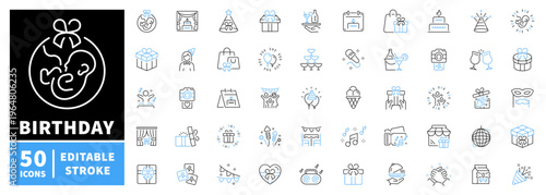 Birthday celebration icons set . editable line icons, outline, party symbols