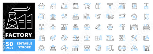 Factory and industry icons set. editable line icons, outline, industrial symbols