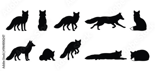 Fox Silhouette Set — Black Vector Illustrations of Foxes in Running, Sitting, Jumping, Sleeping, and Alert Poses on White Background