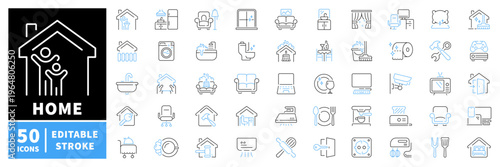 Home essentials icons set. editable line icons for house, appliances, and living