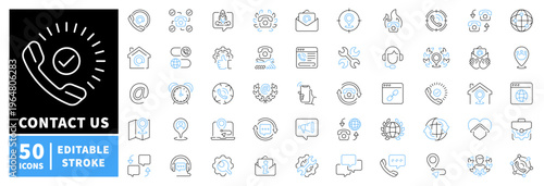 Contact us icons set. line, editable line icons for communication and support