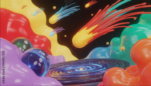 3D vector illustration of spiral galaxies emerging in the universe in bright cosmic colors with comets with tails. Urban art in a dynamic cosmic scene.
