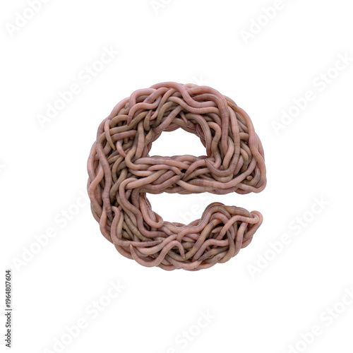 earthworm letter E - lowercase 3d earthworm font isolated on white background. This alphabet is perfect for creative illustrations related to gardening, compost, horror concept. Generative AI