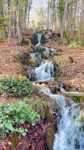 Mountain Stream with waterfalls flowing through woods in Feench Alps