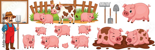 Farm animals and pig characters collection with farmer, cow, piglets and agriculture tools cartoon vector illustration set