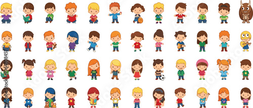 Cute kids characters collection with boys and girls in different poses and activities cartoon vector illustration set