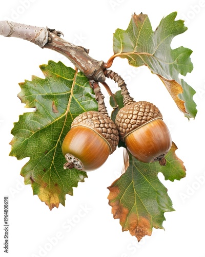 Pair of acorns growing on textured oak branch isolated on white background 