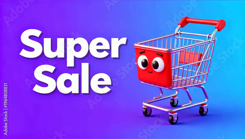 3D vector poster with a bright purple and blue gradient background, featuring a red anthropomorphic shopping cart with expressive eyes and bold text Super Sale.