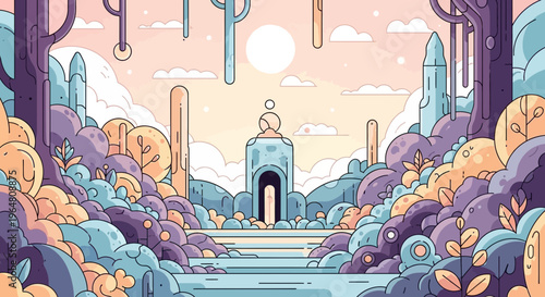 Whimsical Abstract Landscape with a Mysterious Archway and Flowing Water