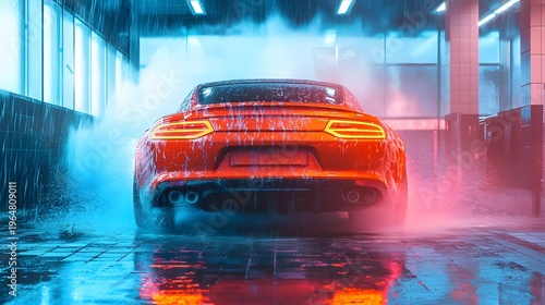 Sports sedan washing under colorful lights and spray wallpaper