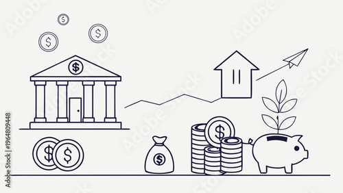 A minimalist vector illustration of financial growth and savings, featuring a bank, coins, and a piggy bank with a plant.