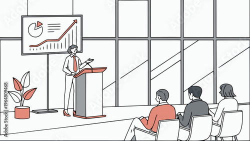 A woman presents a graph on a screen to an audience in a modern conference room
