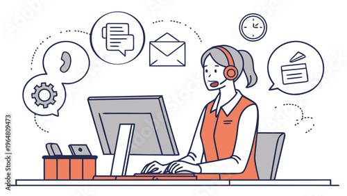 A woman wearing a headset sits at a desk working on a computer with various icons floating above her head