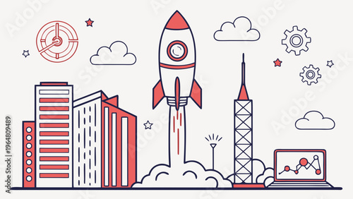 A vector graphic illustration of a rocket launching into the sky amidst city buildings and clouds