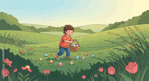 Easter Child Joyfully Collecting Colorful Eggs in a Green Field