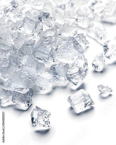 Sugar crystals macro with transparent edges isolated on white background 