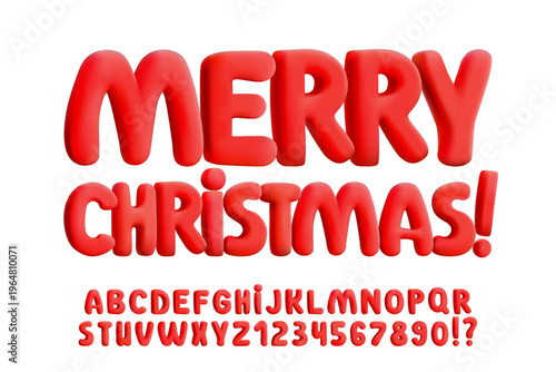 3D inflated red balloon font, cute bubble letter and number for Y2K Christmas look. Childish plump typography for baby logo, festive text, and candy-like signatures. Bright rounded nursery abc decor