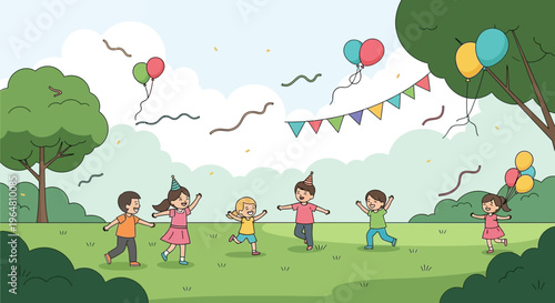 Children Playing Outdoors at a Festive Park Birthday Party Celebration