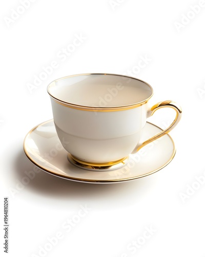 Tiny porcelain teacup with gold rim, delicate shadow, isolated on white background 