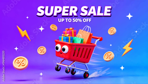 3D vector poster with a vibrant purple-to-blue gradient background, featuring a red anthropomorphic shopping cart with expressive eyes, and bold Super Sale 50% text.