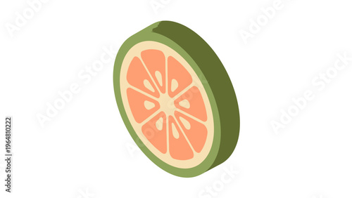 An illustration of a grapefruit cut in half. Green outer rind and a vibrant pinkish-red, segmented interior flash.