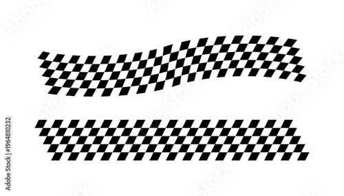 Race flag lines. Black and white checker finish ribbon. Car race grid pattern. Rally border texture. Wavy checker lines. Chess graphic design element. Vector illustration isolated on white background.