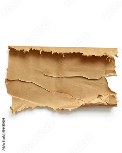 Torn kraft paper strip with rough edges and subtle shadow, isolated on white background 