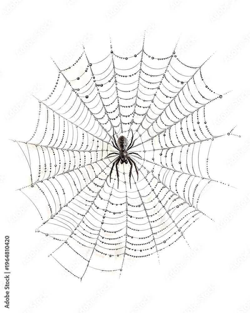 Obraz premium Triangular spider web with strong defined center isolated on white background 