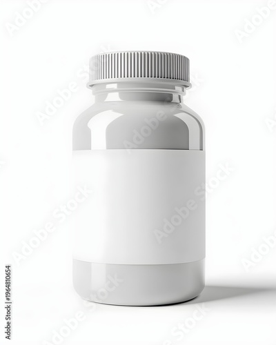 White medicine bottle mockup with blank label, flat lay PNG for e-commerce isolated on white background 