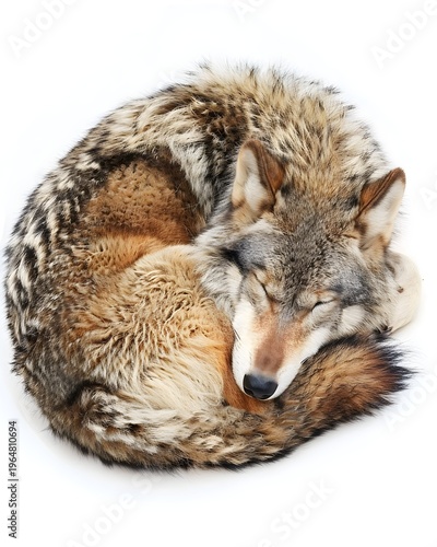 Wolf curled up on the ground in quiet wilderness, soft fur texture isolated on white background 